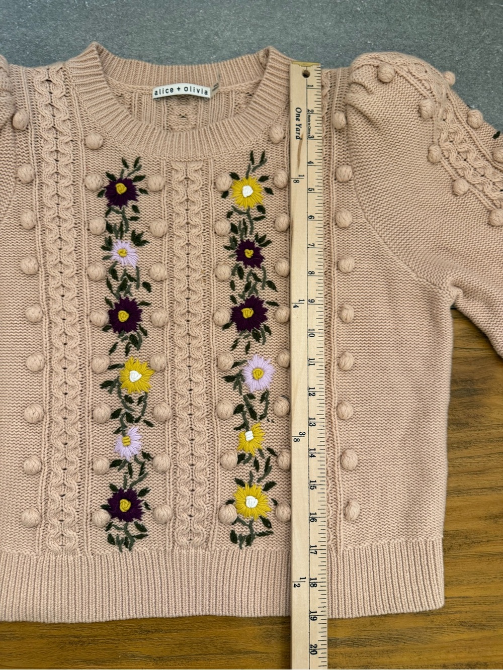 Alice + Olivia Enid Floral Embroidered Puff Sleeve Wool Blend Sweater Large - Picture 7 of 11